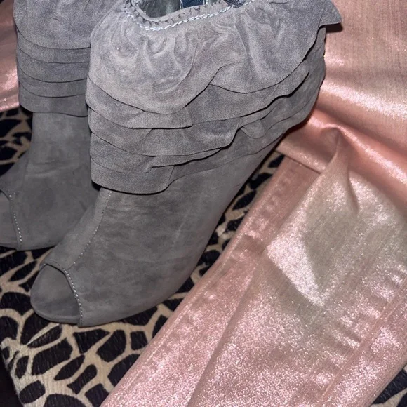 Taupe Colored Suede-like High Heel Booties - Picture 1 of 14